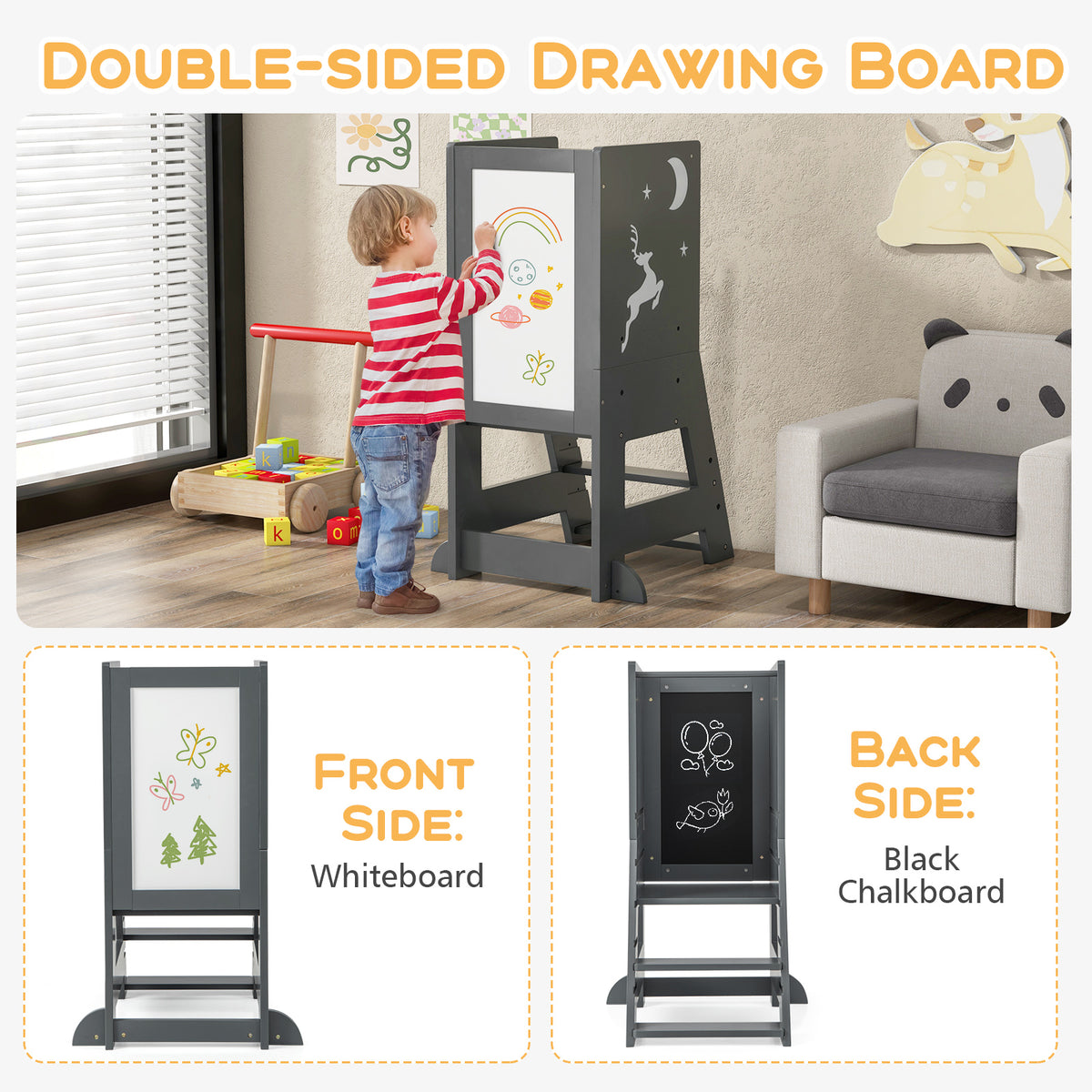 Toddler Kitchen Stool Helper Baby Standing Tower with Chalkboard and Whiteboard-Gray-Toddler & Kids Furniture-DECOROLALA