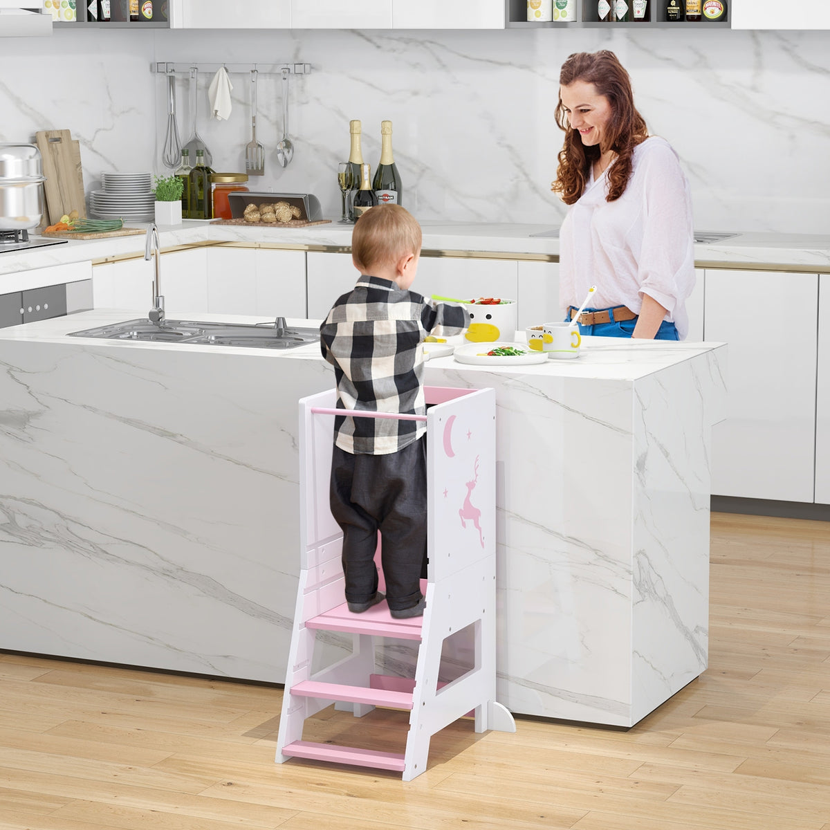 Toddler Kitchen Stool Helper Baby Standing Tower with Chalkboard and Whiteboard-Pink-Toddler & Kids Furniture-DECOROLALA