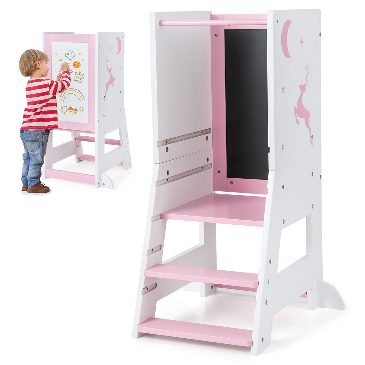 Toddler Kitchen Stool Helper Baby Standing Tower with Chalkboard and Whiteboard-Pink-Toddler & Kids Furniture-DECOROLALA