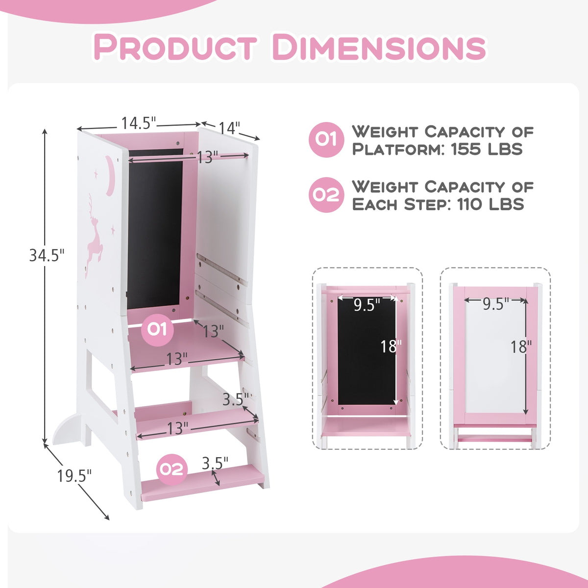 Toddler Kitchen Stool Helper Baby Standing Tower with Chalkboard and Whiteboard-Pink-Toddler & Kids Furniture-DECOROLALA