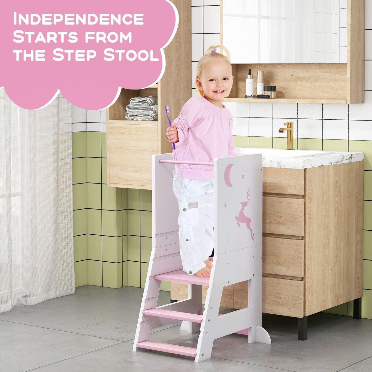 Toddler Kitchen Stool Helper Baby Standing Tower with Chalkboard and Whiteboard-Pink-Toddler & Kids Furniture-DECOROLALA