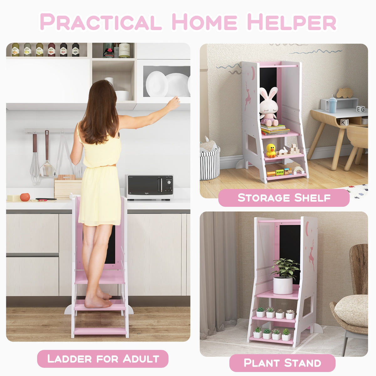 Toddler Kitchen Stool Helper Baby Standing Tower with Chalkboard and Whiteboard-Pink-Toddler & Kids Furniture-DECOROLALA