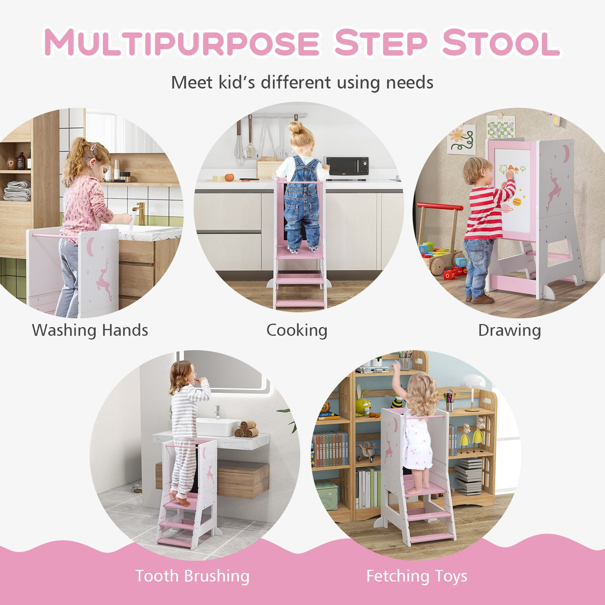 Toddler Kitchen Stool Helper Baby Standing Tower with Chalkboard and Whiteboard-Pink-Toddler & Kids Furniture-DECOROLALA