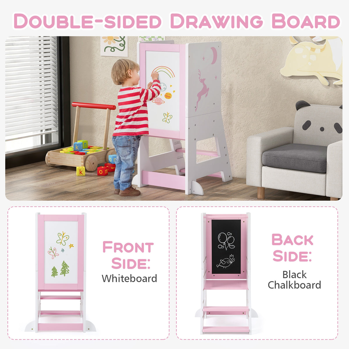 Toddler Kitchen Stool Helper Baby Standing Tower with Chalkboard and Whiteboard-Pink-Toddler & Kids Furniture-DECOROLALA