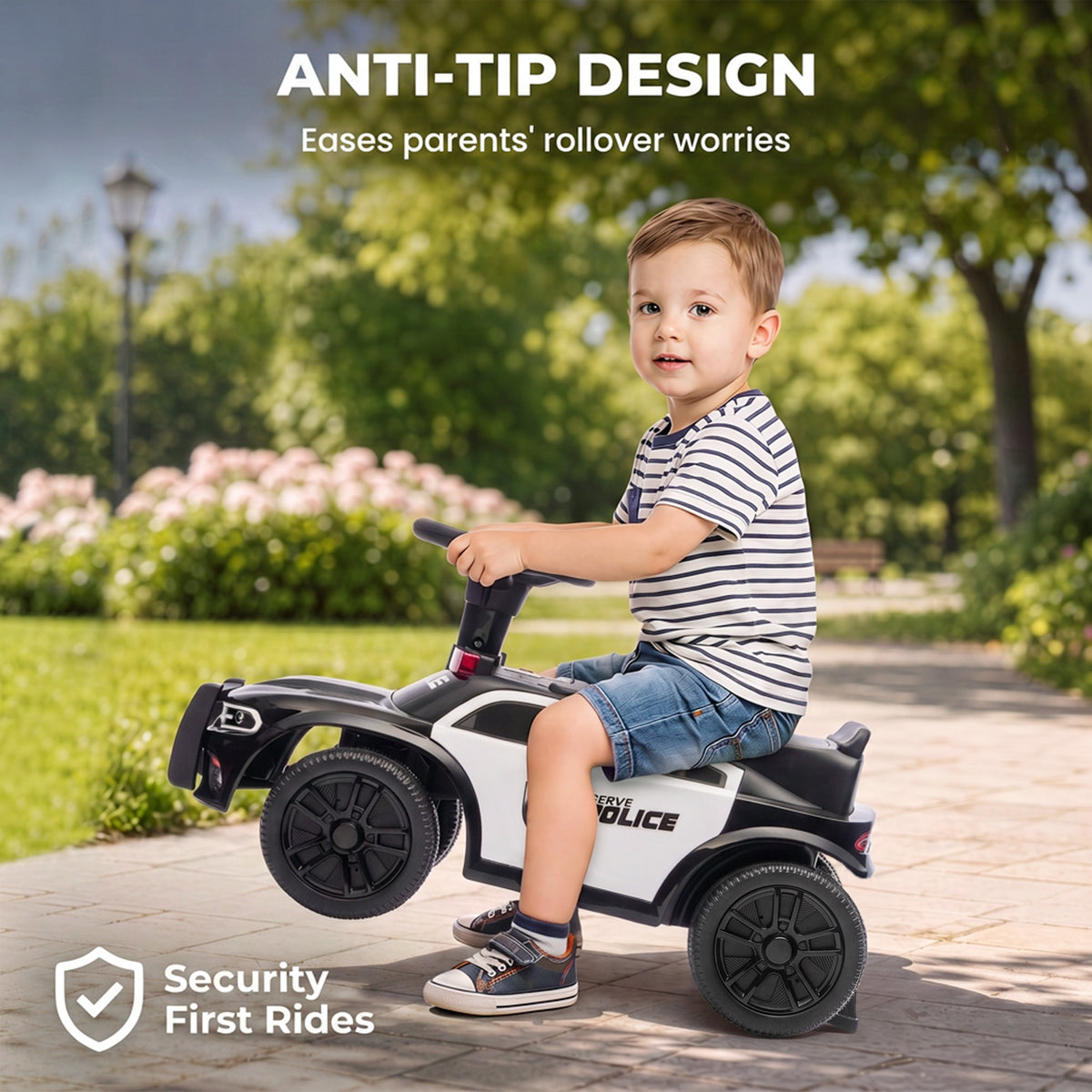 Toddler Push Car, Ride on Car with Light, Music, Under-Seat Storage and Anti Tip Device for 18-36 Months, Black-Toys & Games > Baby & Toddler Toys > Riding & Rocking Toys > Push Cars for Toddlers-DECOROLALA