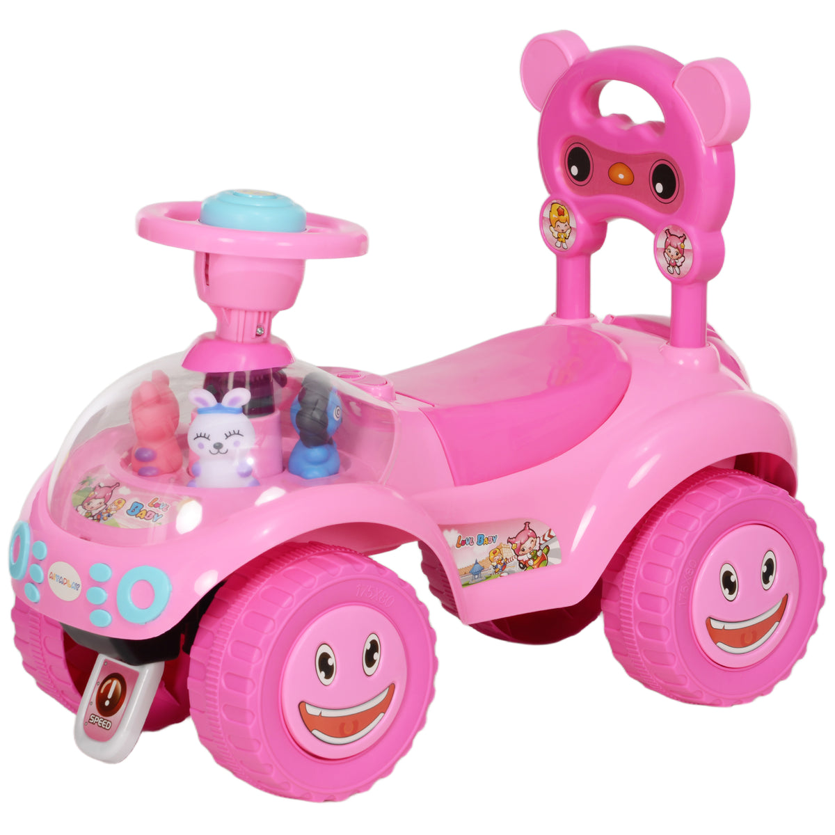 Toddlers Push Car with Horn, Light, Music, Anti-Over-Backwards Device, Steering Wheel, Under Seat Storage, Pink-Toys & Games > Baby & Toddler Toys > Riding & Rocking Toys > Push Cars for Toddlers-DECOROLALA