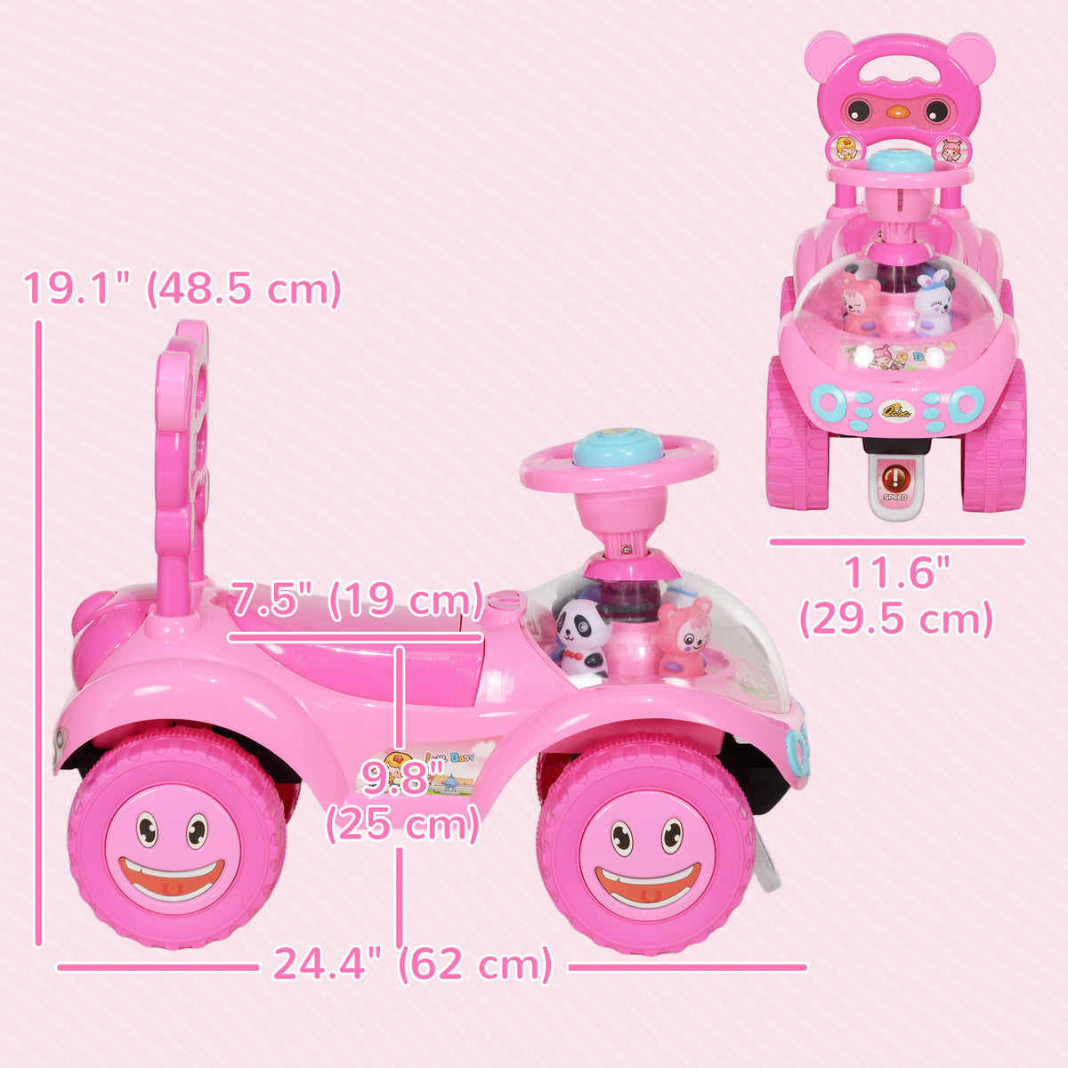 Toddlers Push Car with Horn, Light, Music, Anti-Over-Backwards Device, Steering Wheel, Under Seat Storage, Pink-Toys & Games > Baby & Toddler Toys > Riding & Rocking Toys > Push Cars for Toddlers-DECOROLALA