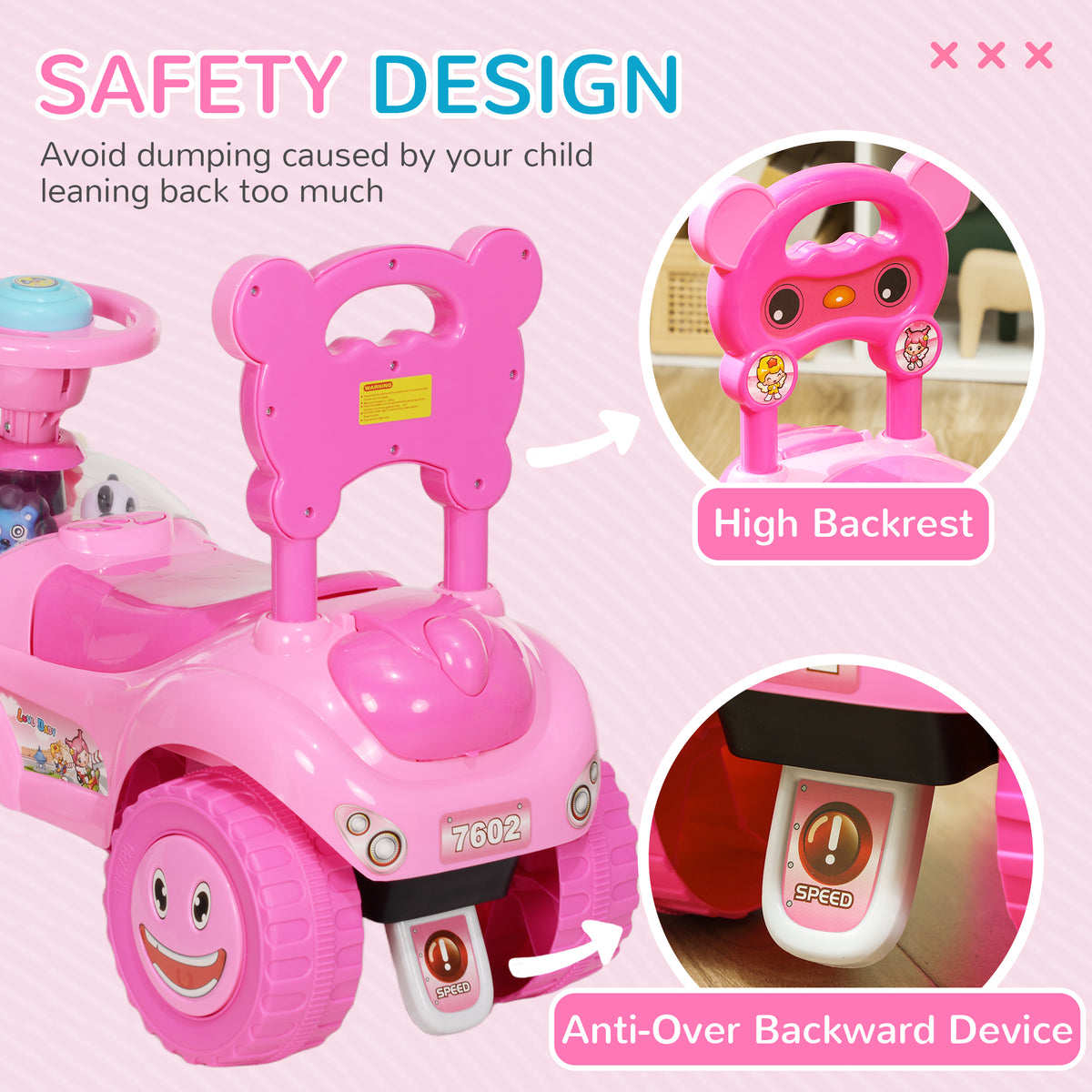 Toddlers Push Car with Horn, Light, Music, Anti-Over-Backwards Device, Steering Wheel, Under Seat Storage, Pink-Toys & Games > Baby & Toddler Toys > Riding & Rocking Toys > Push Cars for Toddlers-DECOROLALA