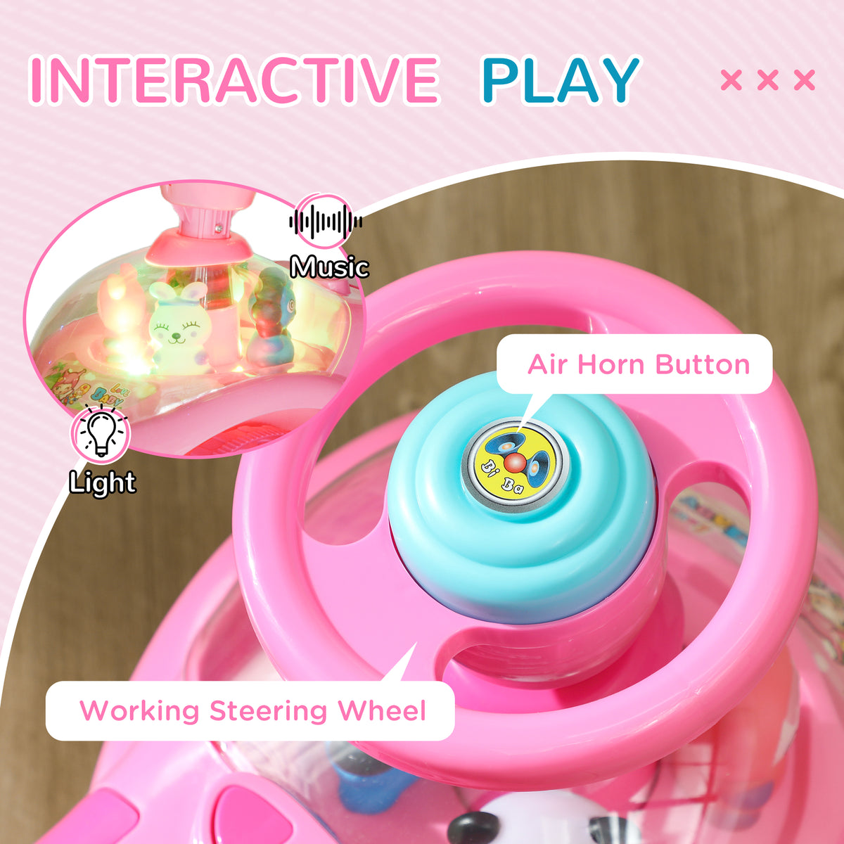 Toddlers Push Car with Horn, Light, Music, Anti-Over-Backwards Device, Steering Wheel, Under Seat Storage, Pink-Toys & Games > Baby & Toddler Toys > Riding & Rocking Toys > Push Cars for Toddlers-DECOROLALA