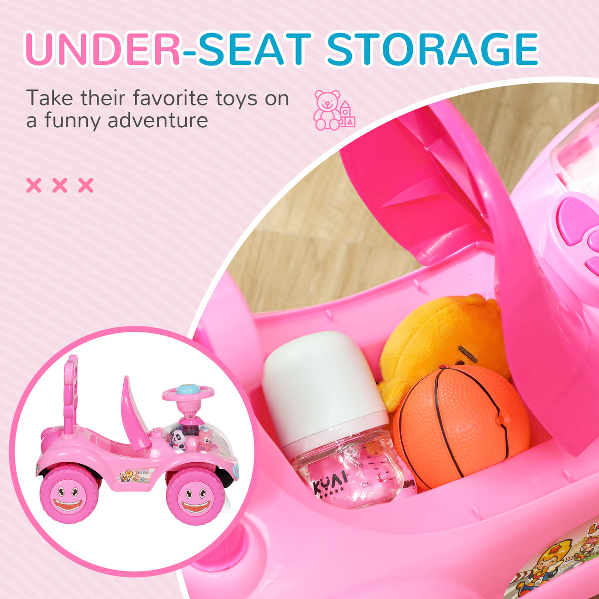 Toddlers Push Car with Horn, Light, Music, Anti-Over-Backwards Device, Steering Wheel, Under Seat Storage, Pink-Toys & Games > Baby & Toddler Toys > Riding & Rocking Toys > Push Cars for Toddlers-DECOROLALA