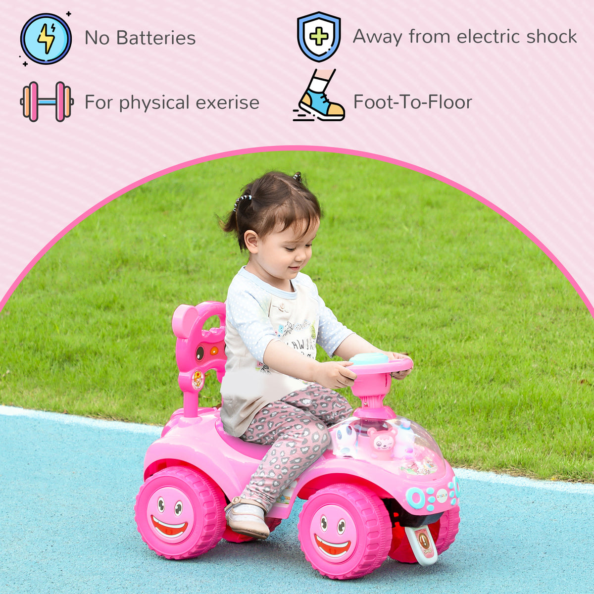 Toddlers Push Car with Horn, Light, Music, Anti-Over-Backwards Device, Steering Wheel, Under Seat Storage, Pink-Toys & Games > Baby & Toddler Toys > Riding & Rocking Toys > Push Cars for Toddlers-DECOROLALA