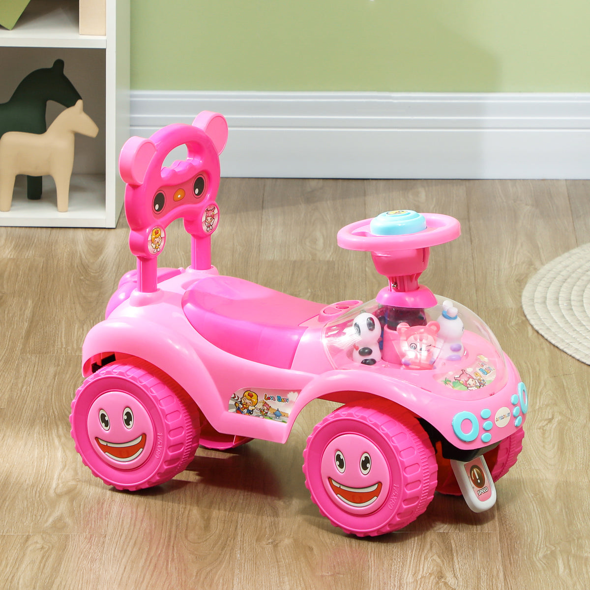 Toddlers Push Car with Horn, Light, Music, Anti-Over-Backwards Device, Steering Wheel, Under Seat Storage, Pink-Toys & Games > Baby & Toddler Toys > Riding & Rocking Toys > Push Cars for Toddlers-DECOROLALA