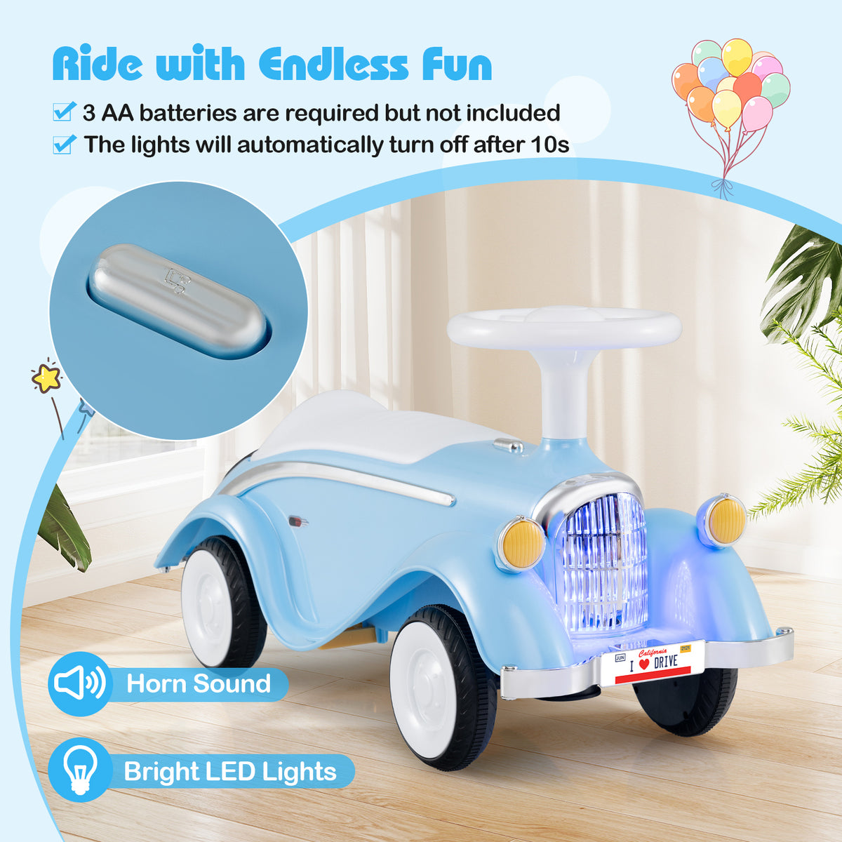 Toddler Ride-On Sliding Car with LED Headlights and Horn