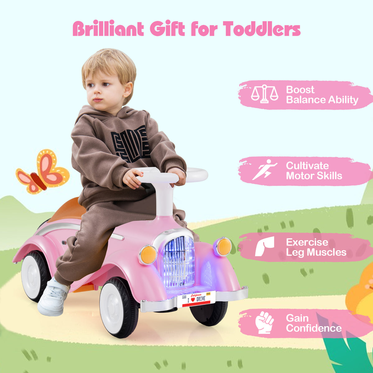 Toddler Ride-On Sliding Car with LED Headlights and Horn