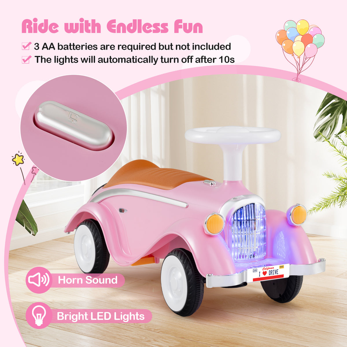Toddler Ride-On Sliding Car with LED Headlights and Horn