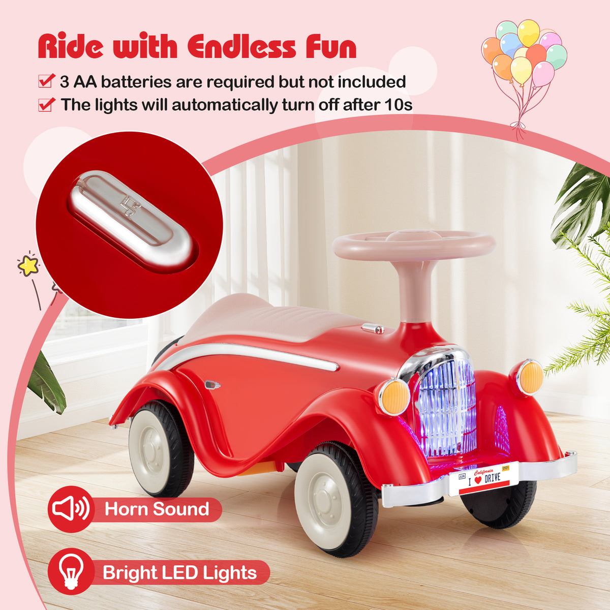 Toddler Ride-On Sliding Car with LED Headlights and Horn