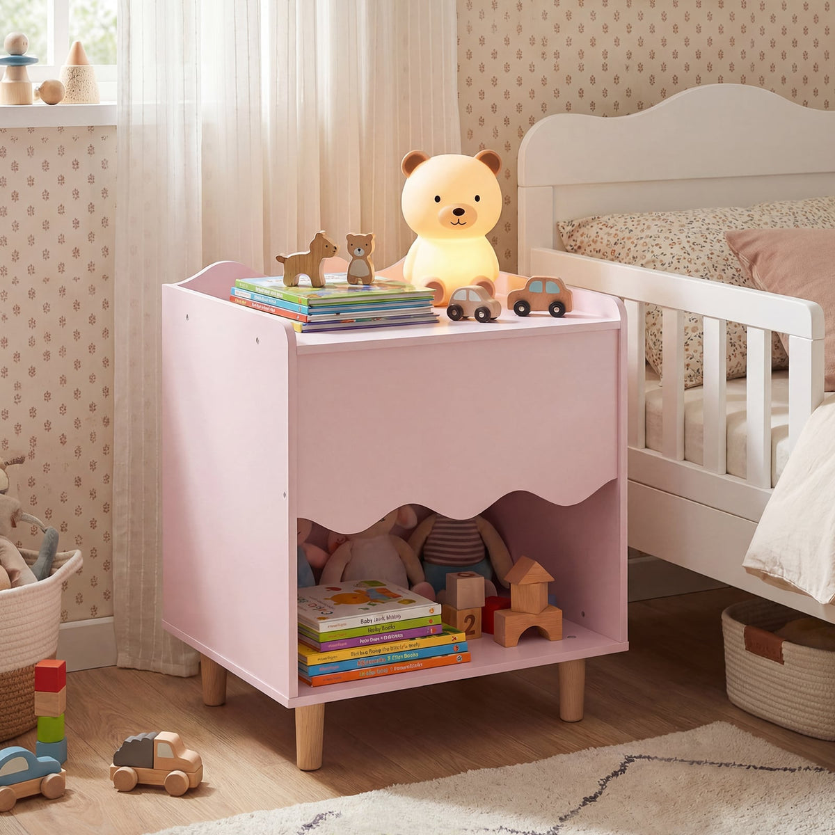 Toddler Scalloped Side Table with Wide Top & Open Compartment-Pink-Kids Storage-DECOROLALA
