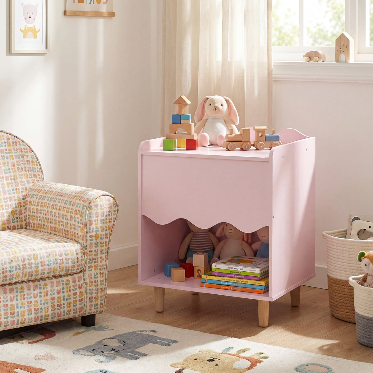 Toddler Scalloped Side Table with Wide Top & Open Compartment-Pink-Kids Storage-DECOROLALA