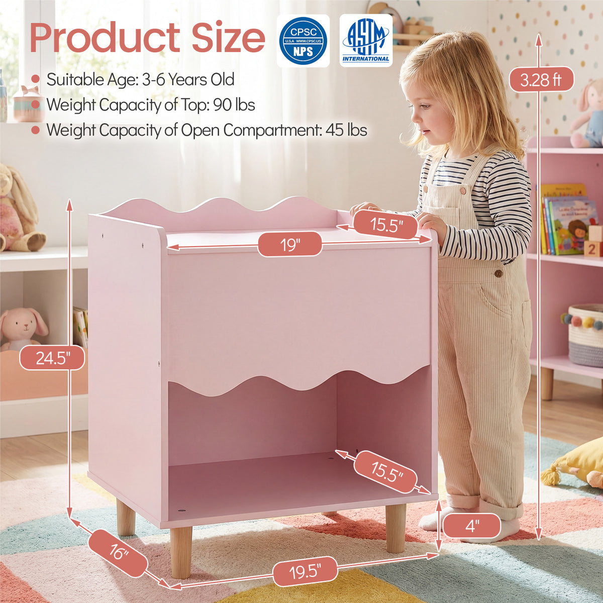 Toddler Scalloped Side Table with Wide Top & Open Compartment-Pink-Kids Storage-DECOROLALA