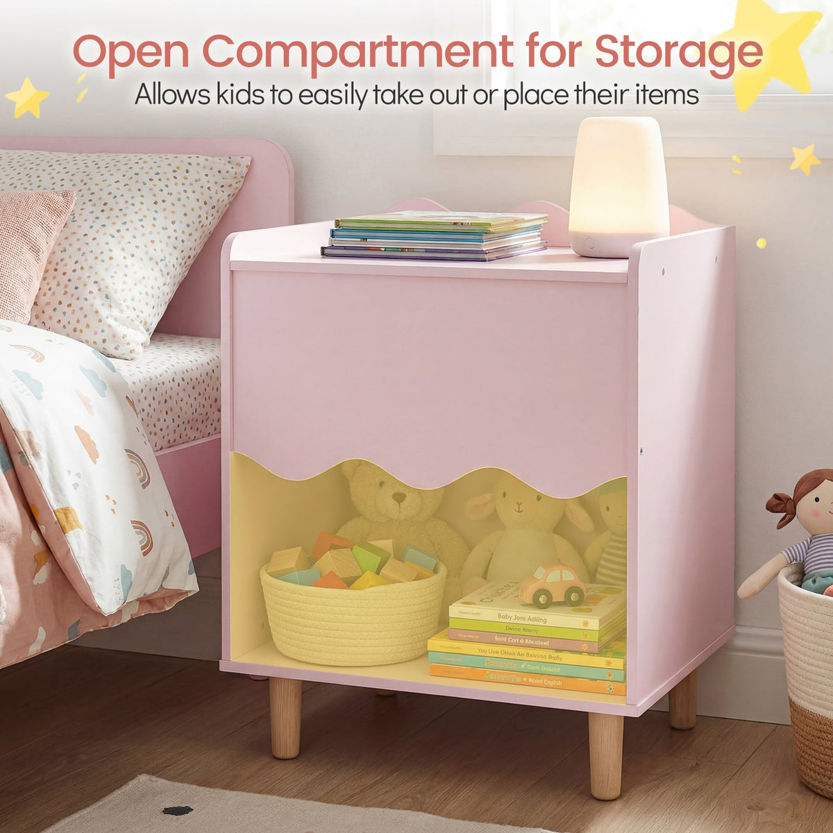 Toddler Scalloped Side Table with Wide Top & Open Compartment-Pink-Kids Storage-DECOROLALA
