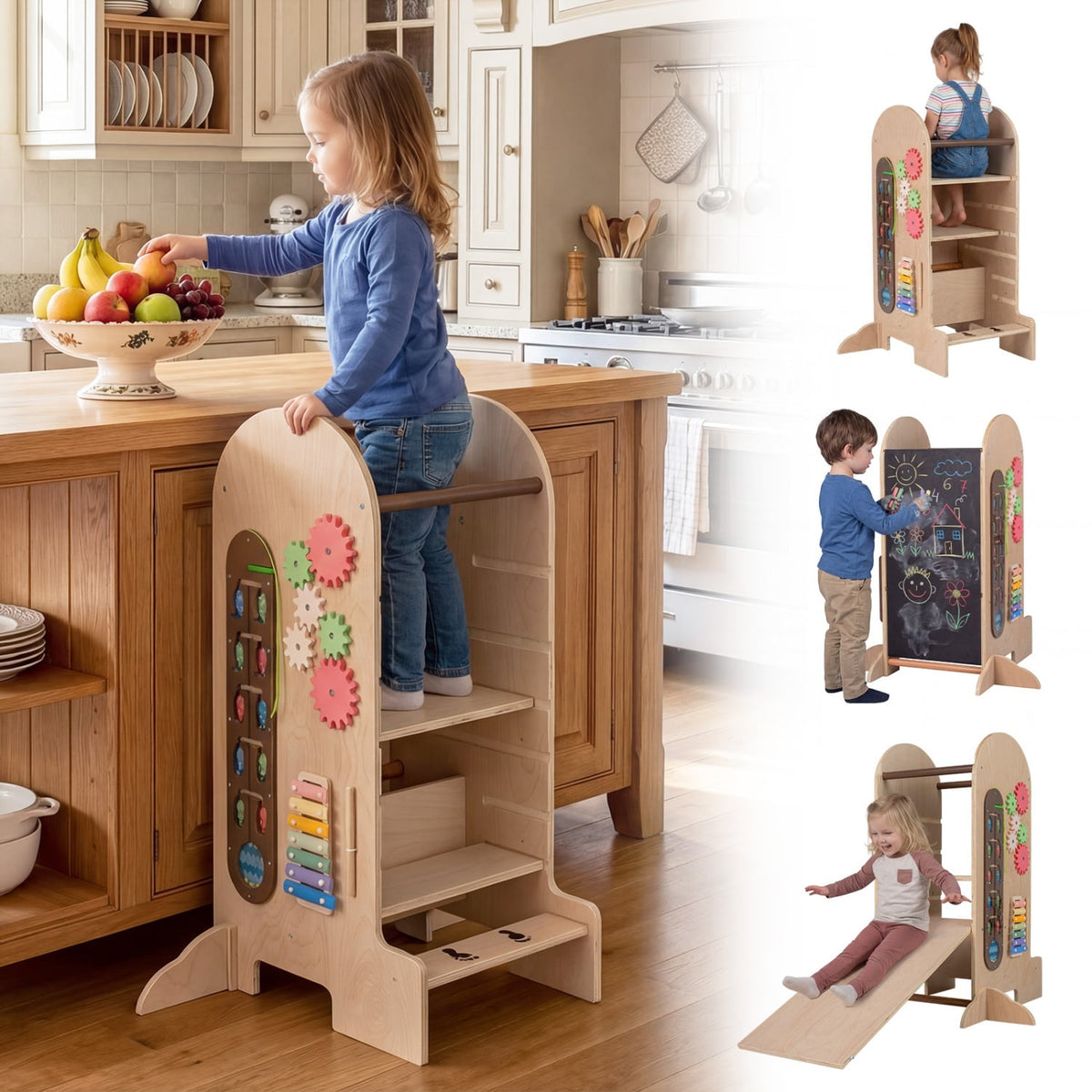 Toddler Standing Tower Kids Step Stool with Adjustable Height Chalkboard and Slide-Toddler & Kids Furniture-DECOROLALA