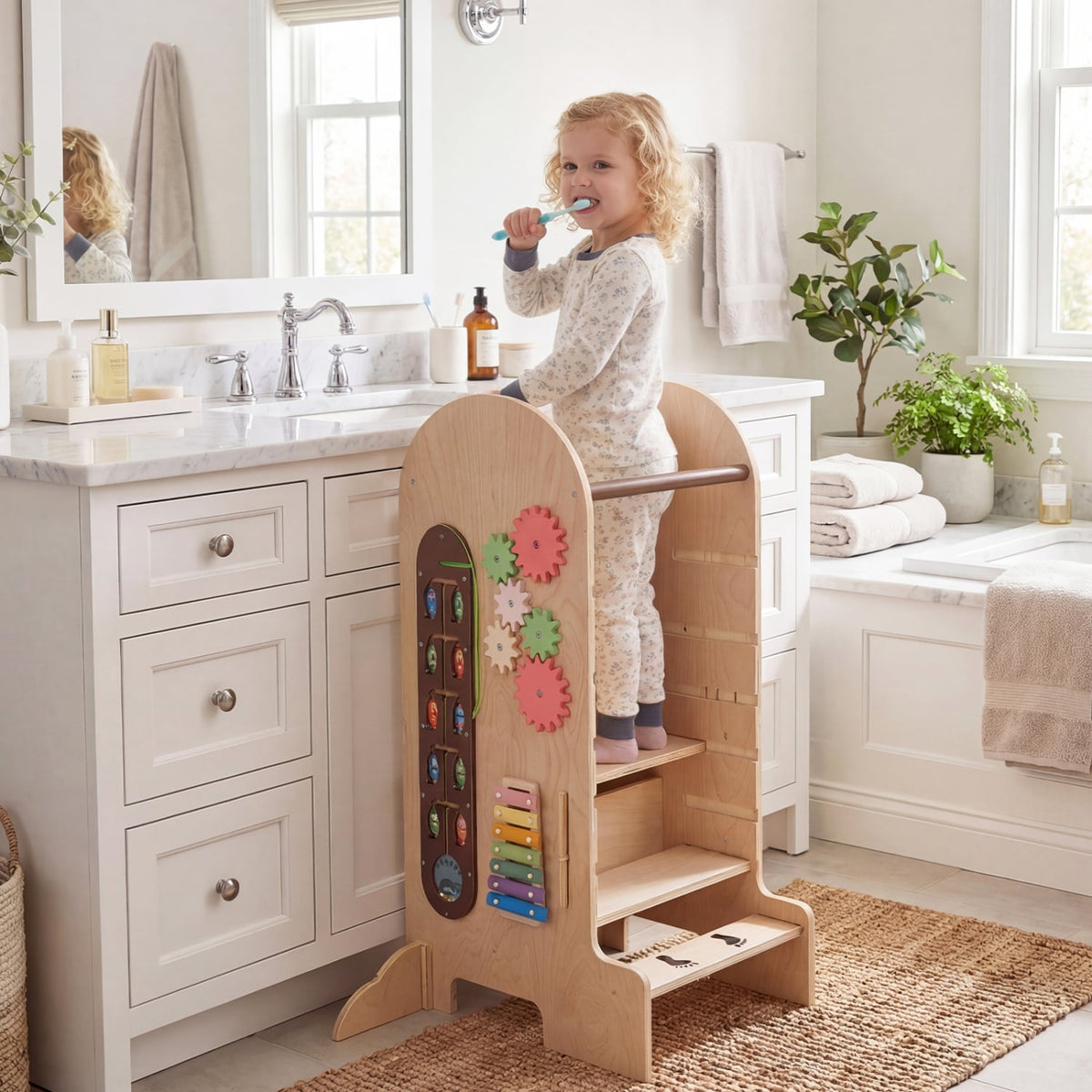 Toddler Standing Tower Kids Step Stool with Adjustable Height Chalkboard and Slide-Toddler & Kids Furniture-DECOROLALA