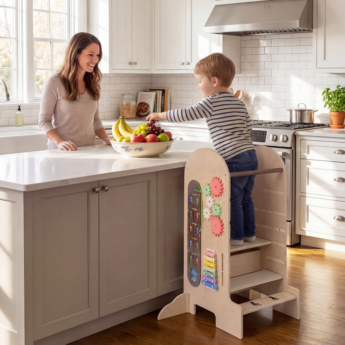 Toddler Standing Tower Kids Step Stool with Adjustable Height Chalkboard and Slide-Toddler & Kids Furniture-DECOROLALA
