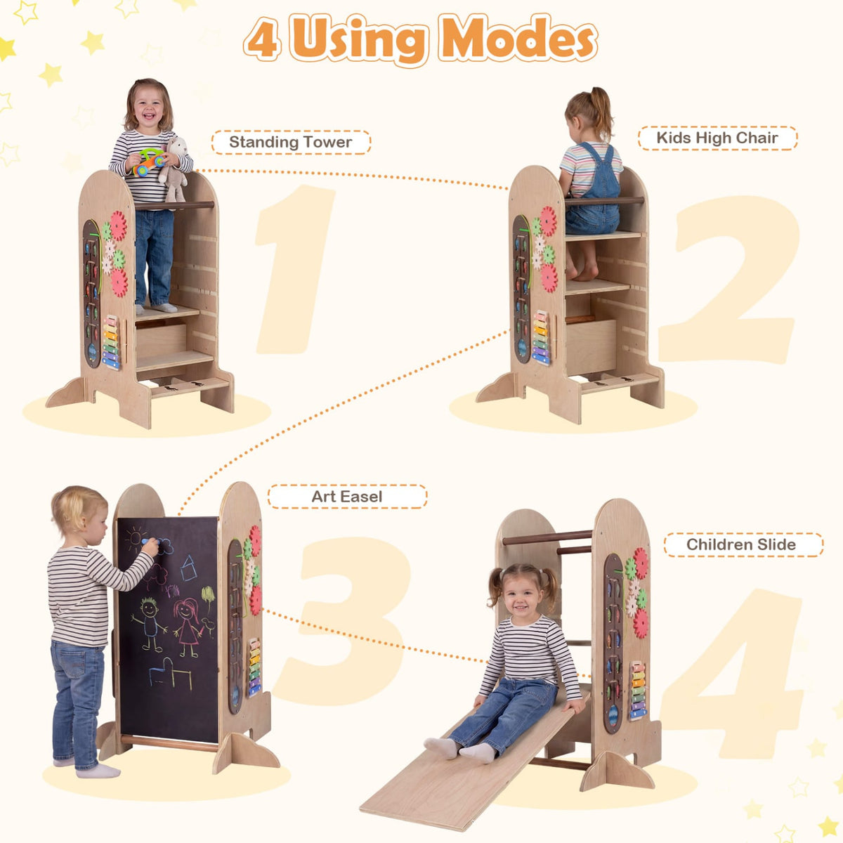 Toddler Standing Tower Kids Step Stool with Adjustable Height Chalkboard and Slide-Toddler & Kids Furniture-DECOROLALA