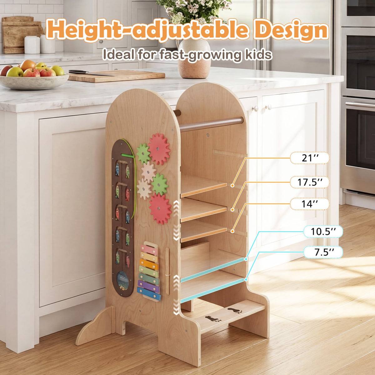 Toddler Standing Tower Kids Step Stool with Adjustable Height Chalkboard and Slide-Toddler & Kids Furniture-DECOROLALA