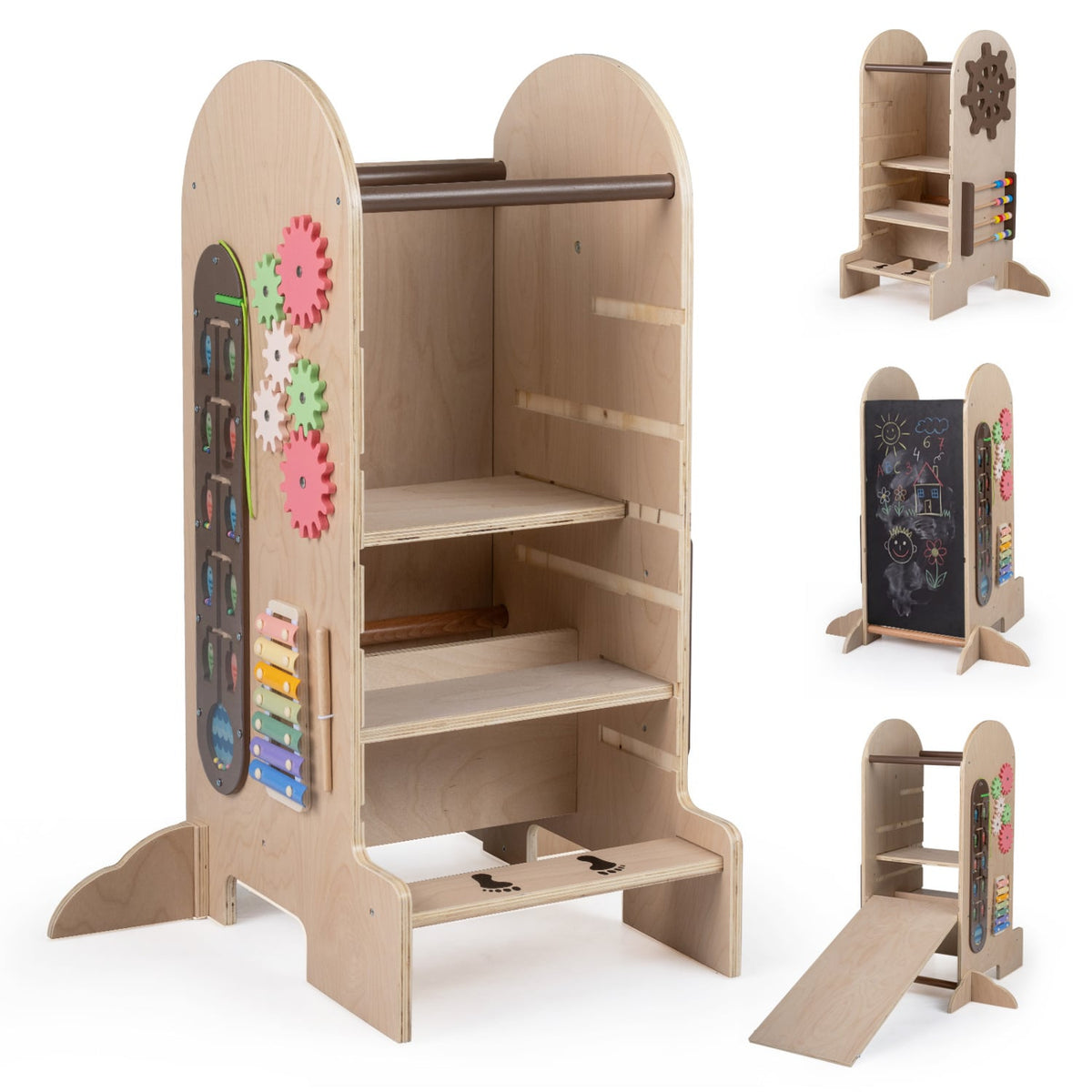 Toddler Standing Tower Kids Step Stool with Adjustable Height Chalkboard and Slide-Toddler & Kids Furniture-DECOROLALA
