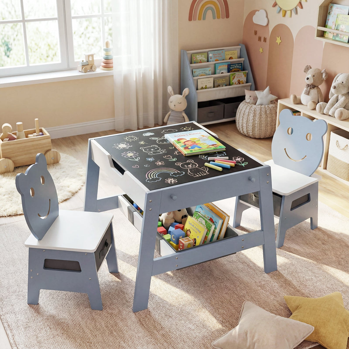 Toddler Table and 2 Chairs 5-in-1 Cute Art Desk Set with Reversible Chalkboard Whiteboard-Grey-Kids Tables & Chair Sets-DECOROLALA