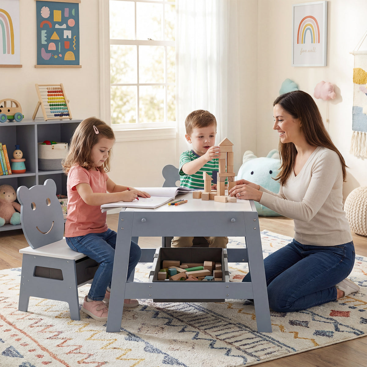 Toddler Table and 2 Chairs 5-in-1 Cute Art Desk Set with Reversible Chalkboard Whiteboard-Grey-Kids Tables & Chair Sets-DECOROLALA