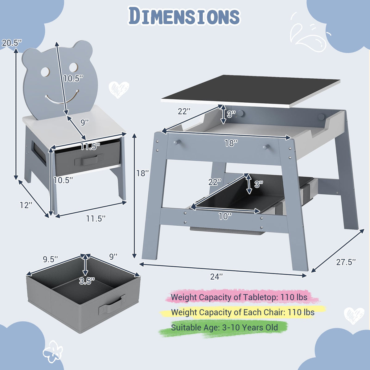 Toddler Table and 2 Chairs 5-in-1 Cute Art Desk Set with Reversible Chalkboard Whiteboard-Grey-Kids Tables & Chair Sets-DECOROLALA