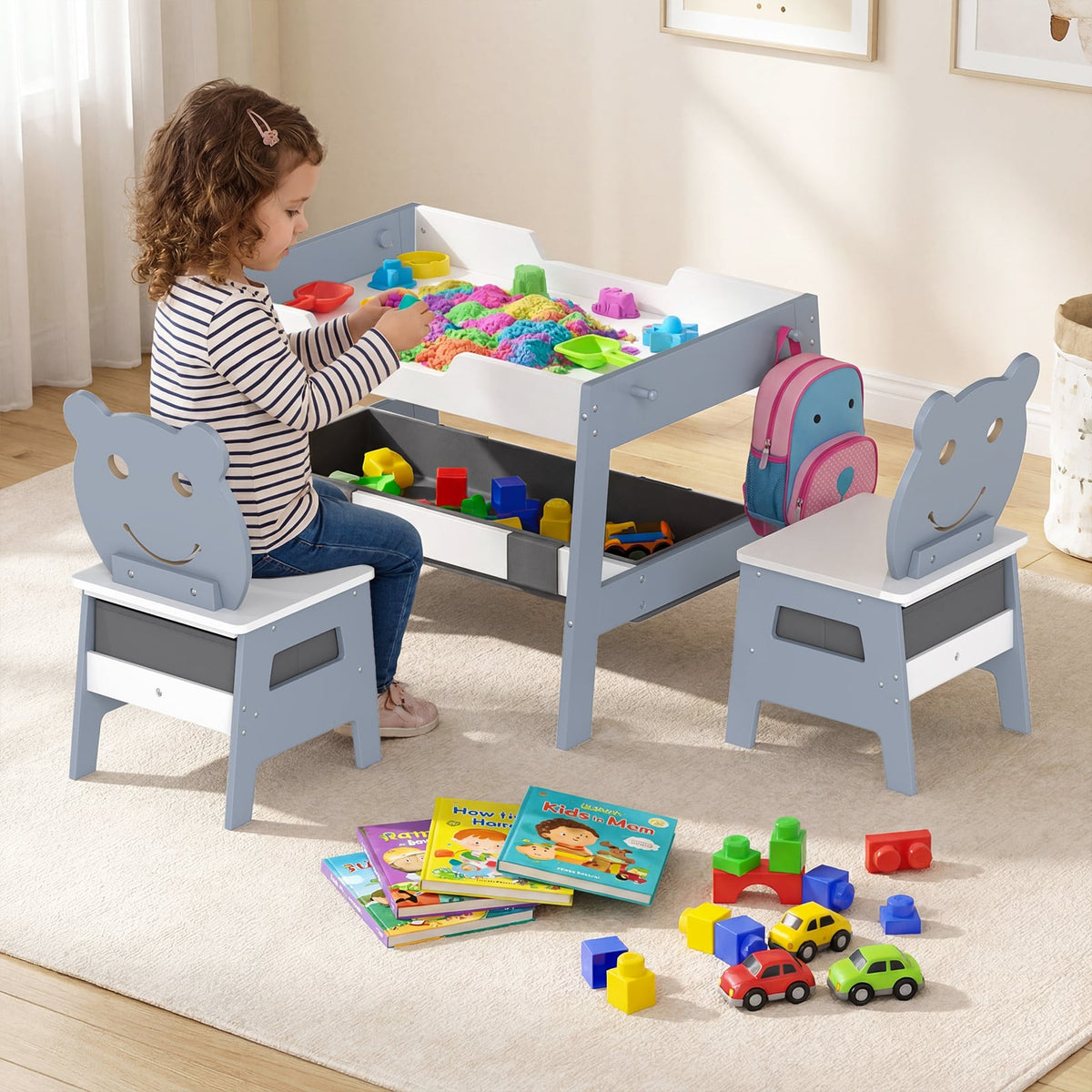 Toddler Table and 2 Chairs 5-in-1 Cute Art Desk Set with Reversible Chalkboard Whiteboard-Grey-Kids Tables & Chair Sets-DECOROLALA