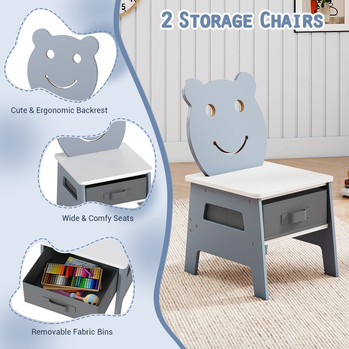 Toddler Table and 2 Chairs 5-in-1 Cute Art Desk Set with Reversible Chalkboard Whiteboard-Grey-Kids Tables & Chair Sets-DECOROLALA
