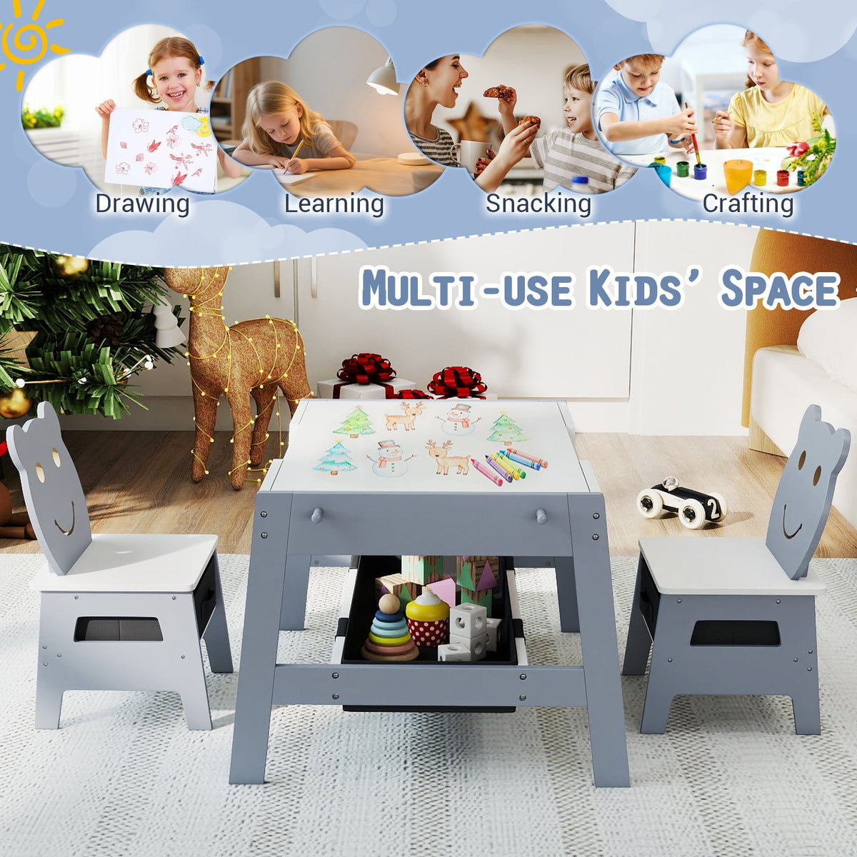 Toddler Table and 2 Chairs 5-in-1 Cute Art Desk Set with Reversible Chalkboard Whiteboard-Grey-Kids Tables & Chair Sets-DECOROLALA