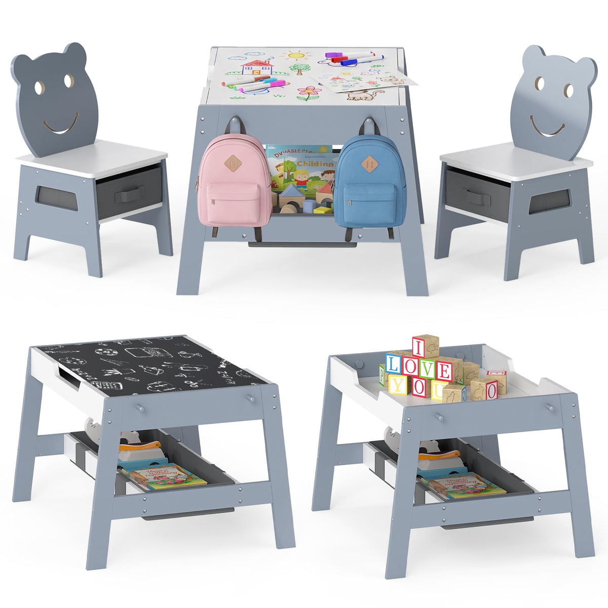 Toddler Table and 2 Chairs 5-in-1 Cute Art Desk Set with Reversible Chalkboard Whiteboard-Grey-Kids Tables & Chair Sets-DECOROLALA
