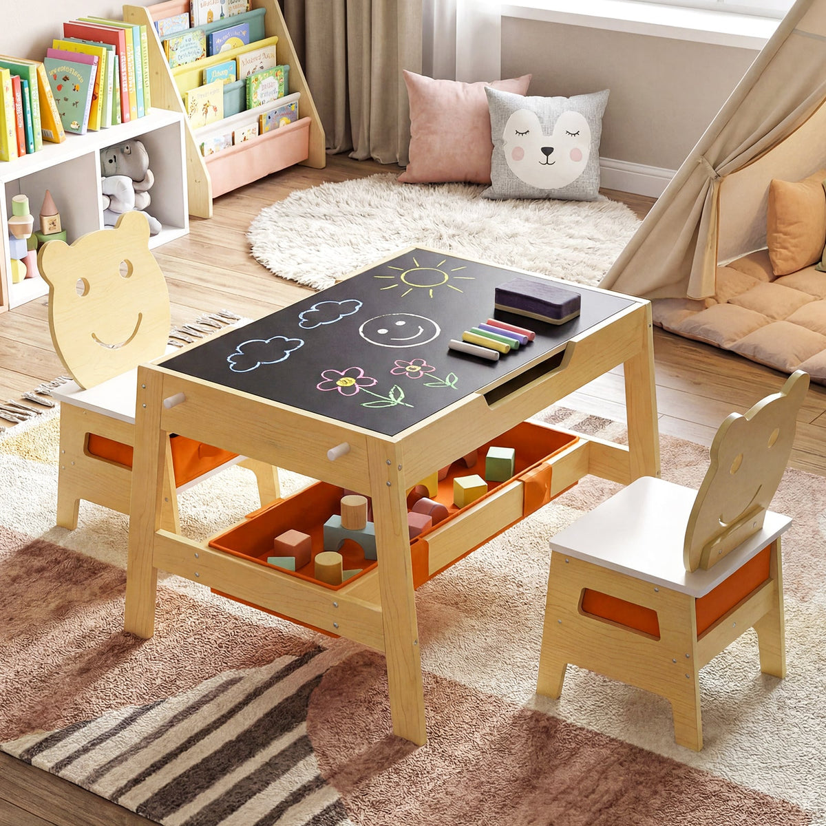 Toddler Table and 2 Chairs 5-in-1 Cute Art Desk Set with Reversible Chalkboard Whiteboard-Natural-Kids Tables & Chair Sets-DECOROLALA