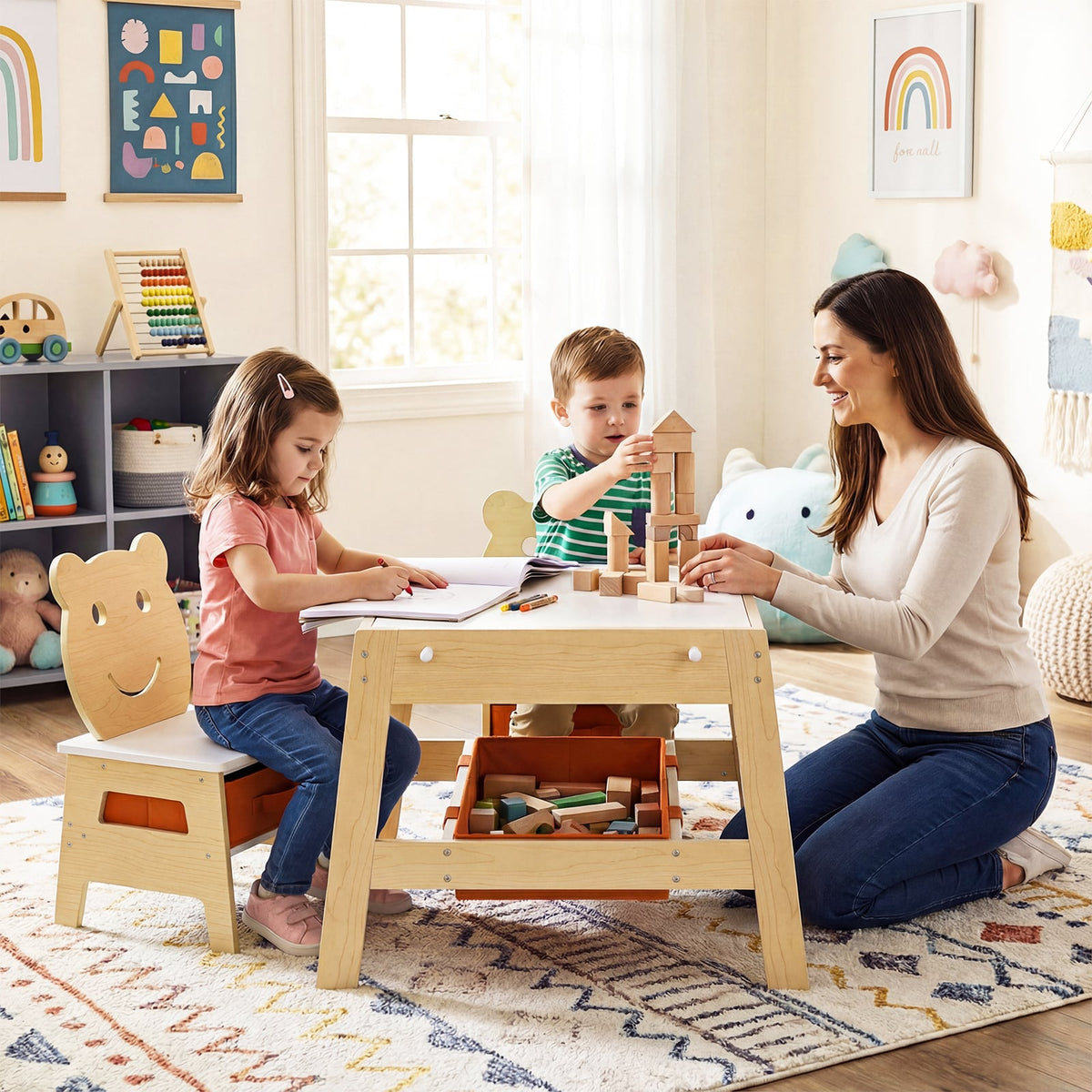 Toddler Table and 2 Chairs 5-in-1 Cute Art Desk Set with Reversible Chalkboard Whiteboard-Natural-Kids Tables & Chair Sets-DECOROLALA