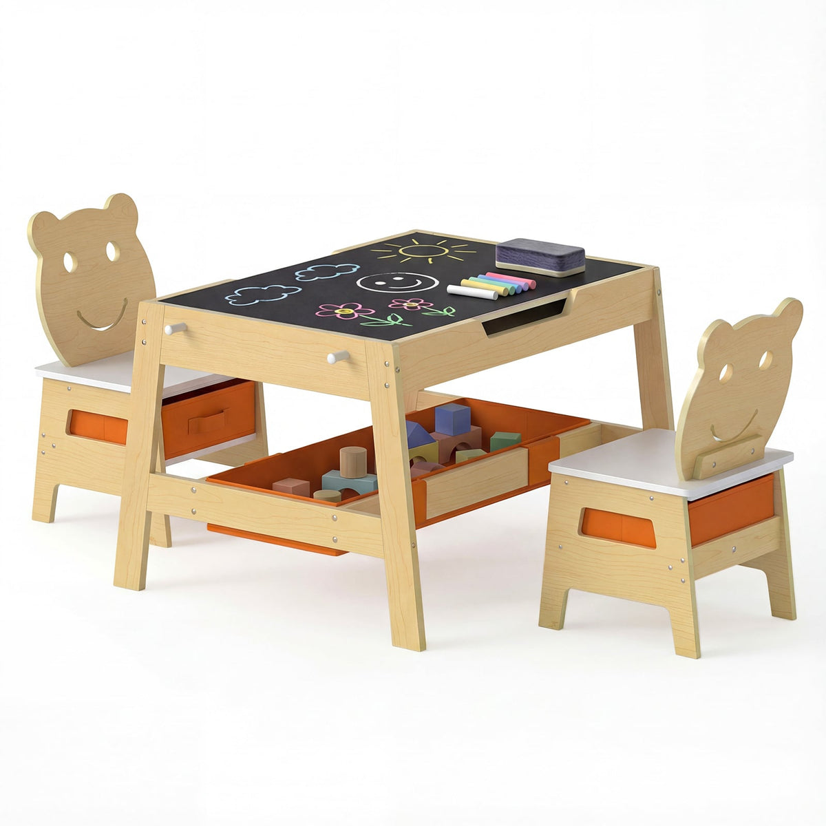Toddler Table and 2 Chairs 5-in-1 Cute Art Desk Set with Reversible Chalkboard Whiteboard-Natural-Kids Tables & Chair Sets-DECOROLALA
