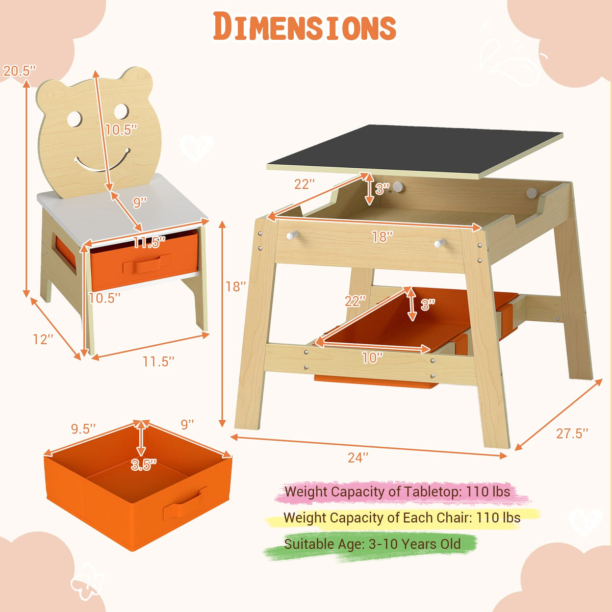 Toddler Table and 2 Chairs 5-in-1 Cute Art Desk Set with Reversible Chalkboard Whiteboard-Natural-Kids Tables & Chair Sets-DECOROLALA