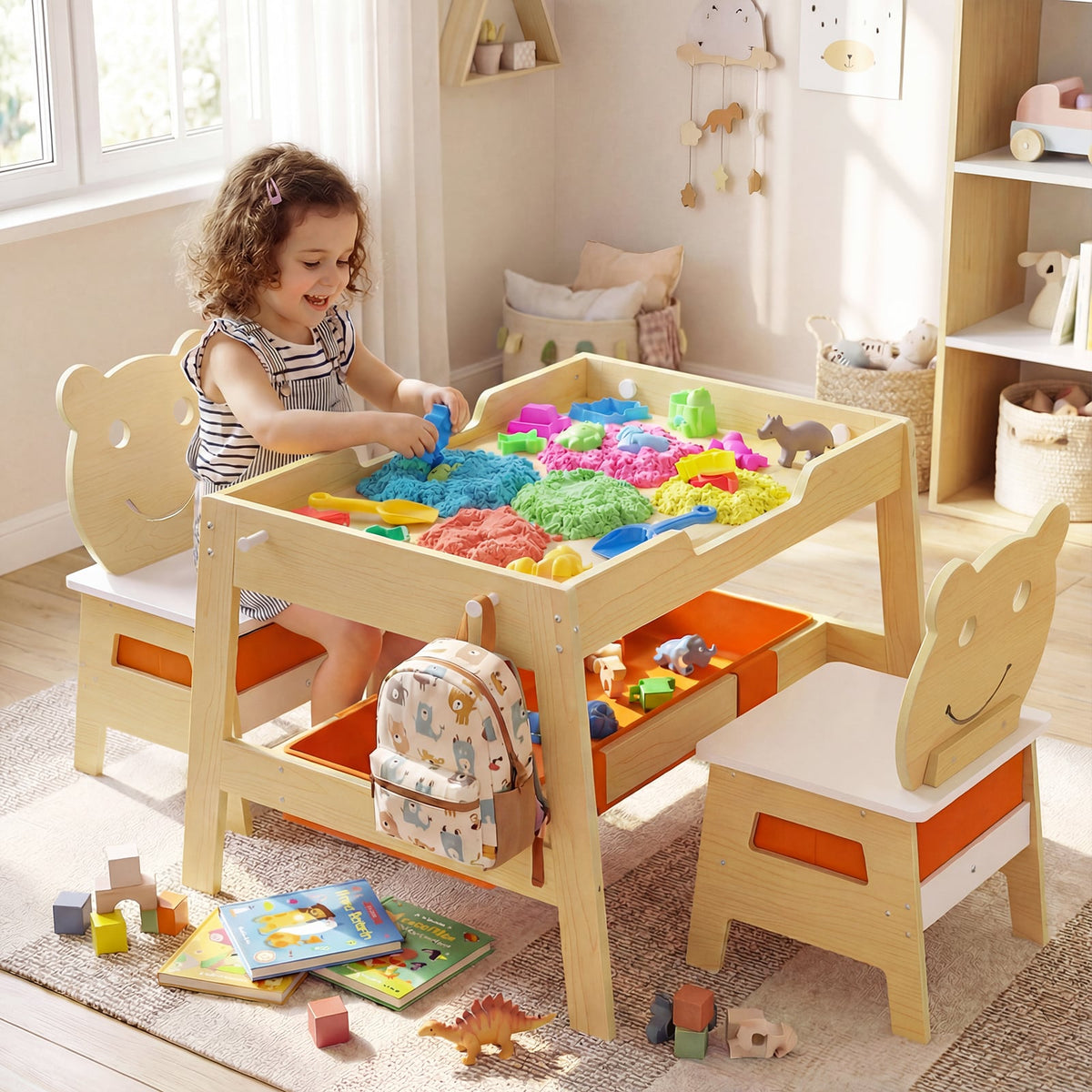 Toddler Table and 2 Chairs 5-in-1 Cute Art Desk Set with Reversible Chalkboard Whiteboard-Natural-Kids Tables & Chair Sets-DECOROLALA