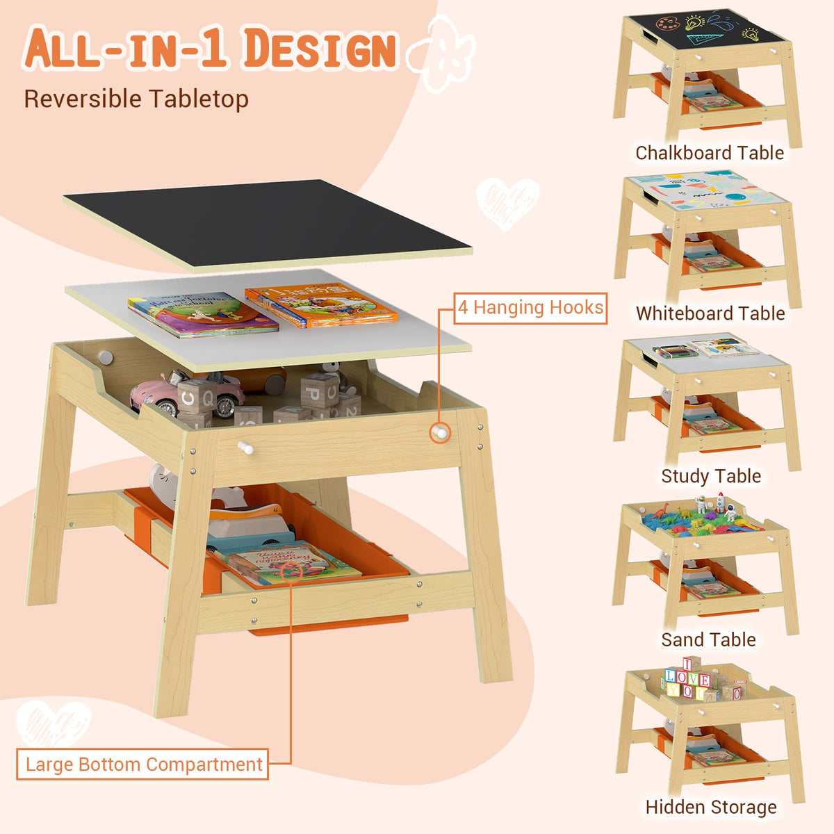 Toddler Table and 2 Chairs 5-in-1 Cute Art Desk Set with Reversible Chalkboard Whiteboard-Natural-Kids Tables & Chair Sets-DECOROLALA