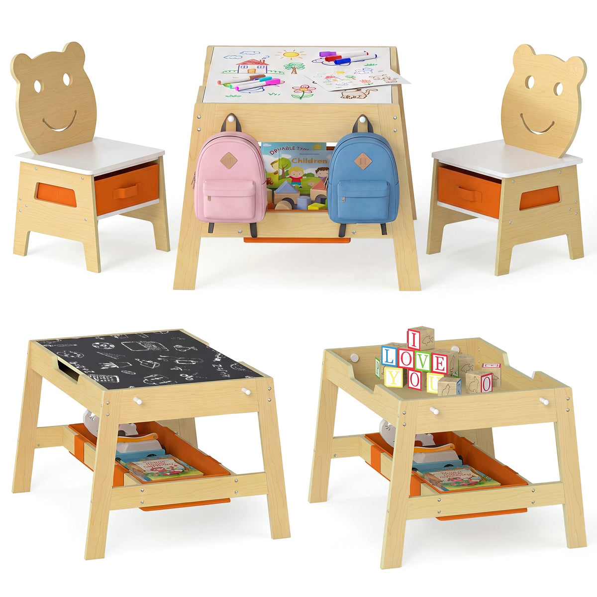 Toddler Table and 2 Chairs 5-in-1 Cute Art Desk Set with Reversible Chalkboard Whiteboard-Natural-Kids Tables & Chair Sets-DECOROLALA