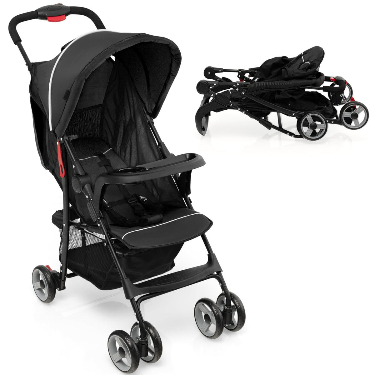 Toddler Travel Stroller for Airplane with Canopy and Adjustable Backrest-Black-Baby Strollers-DECOROLALA