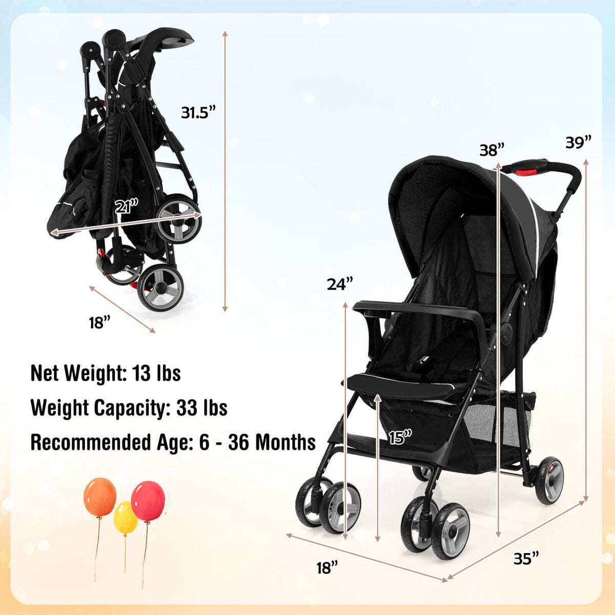 Toddler Travel Stroller for Airplane with Canopy and Adjustable Backrest-Black-Baby Strollers-DECOROLALA