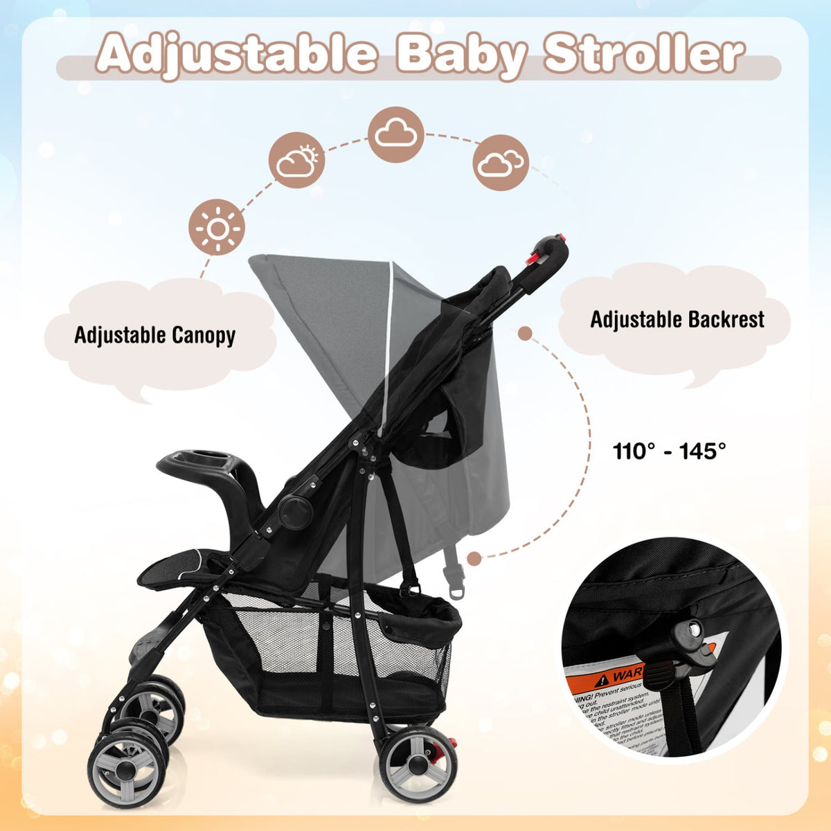 Toddler Travel Stroller for Airplane with Canopy and Adjustable Backrest-Black-Baby Strollers-DECOROLALA
