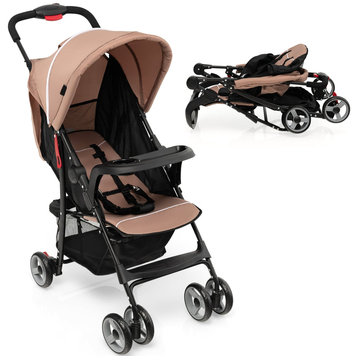 Toddler Travel Stroller for Airplane with Canopy and Adjustable Backrest-Coffee-Baby Strollers-DECOROLALA