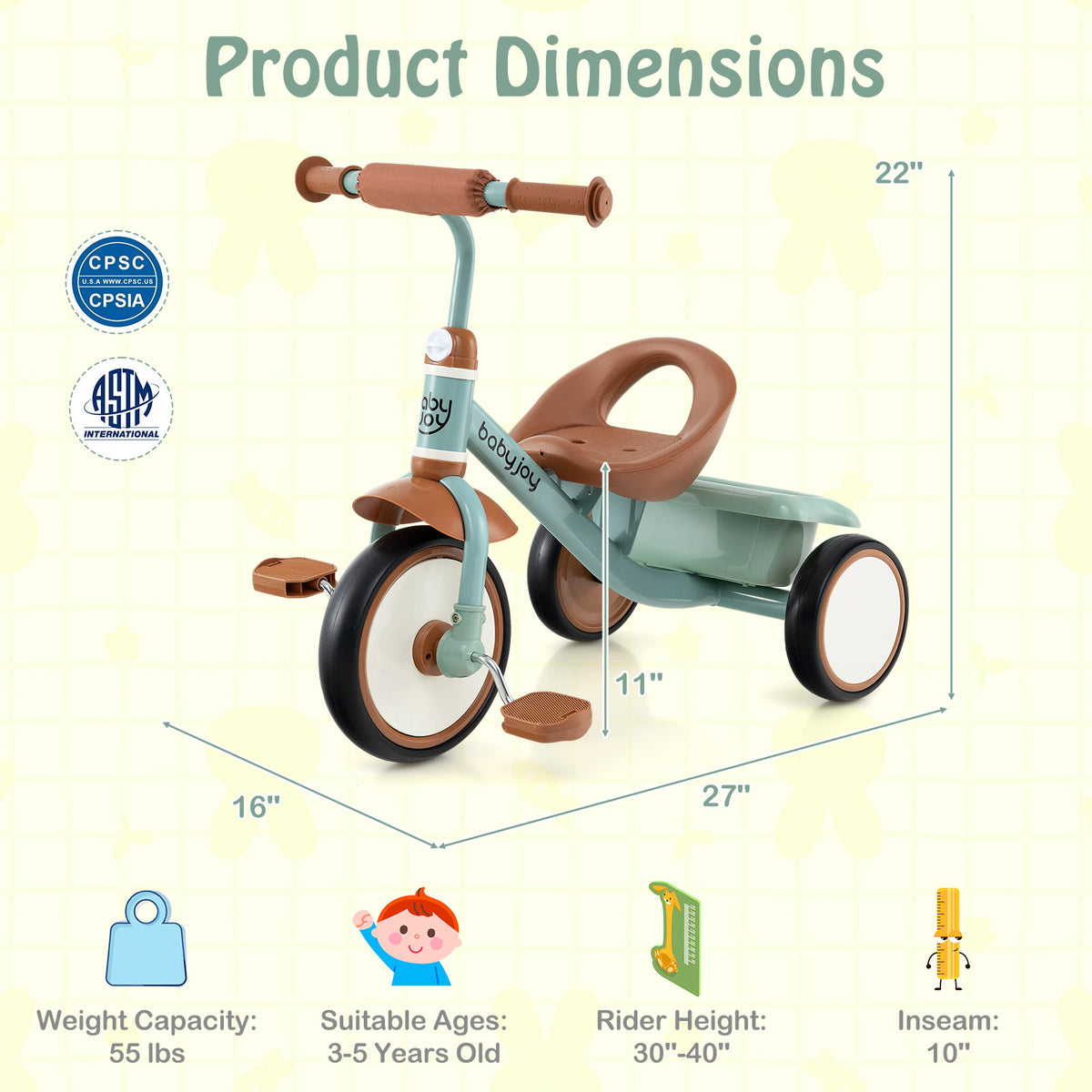 Toddler Tricycle with Adjustable Seat and Storage Basket - Ages 3-5