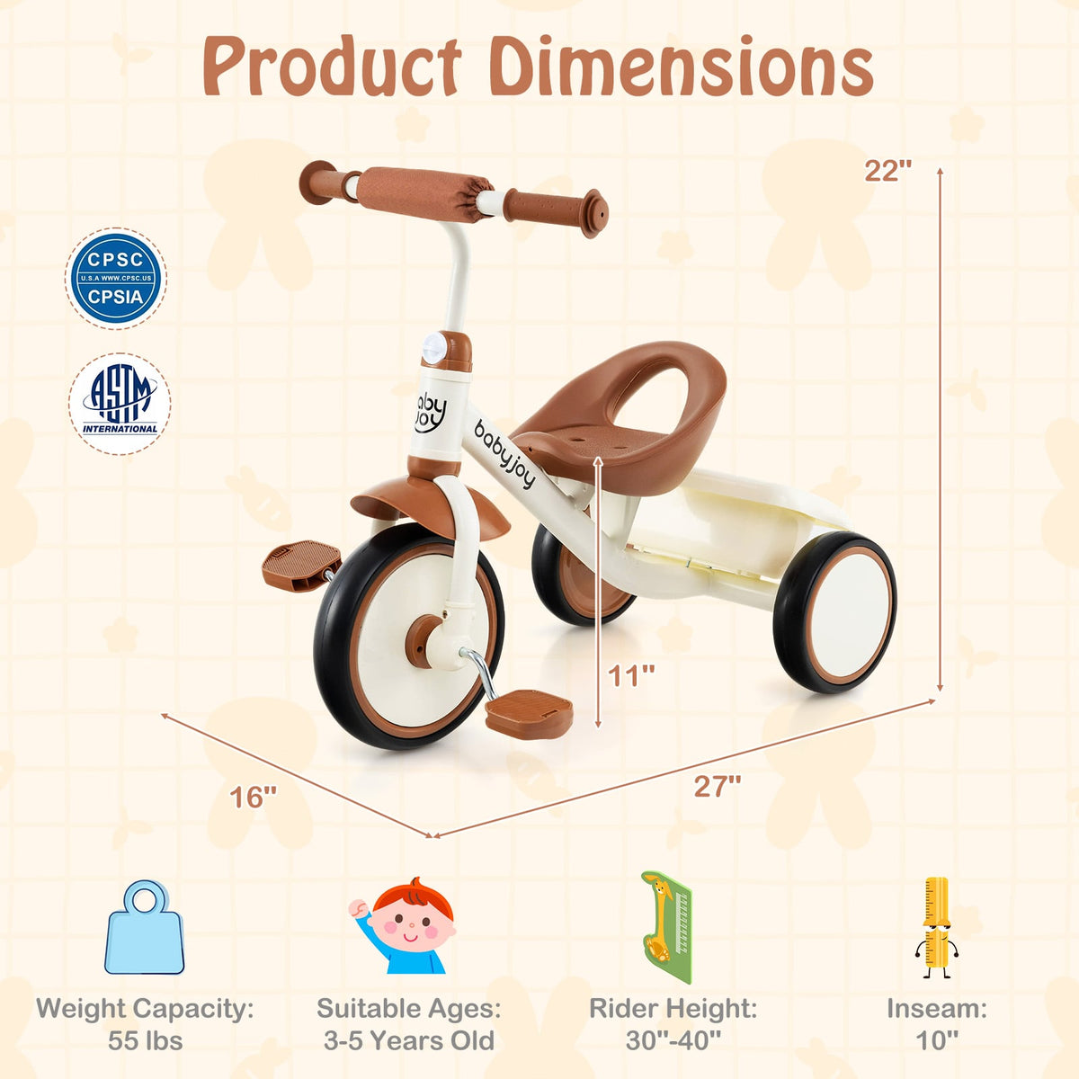Toddler Tricycle with Adjustable Seat and Storage Basket - Ages 3-5